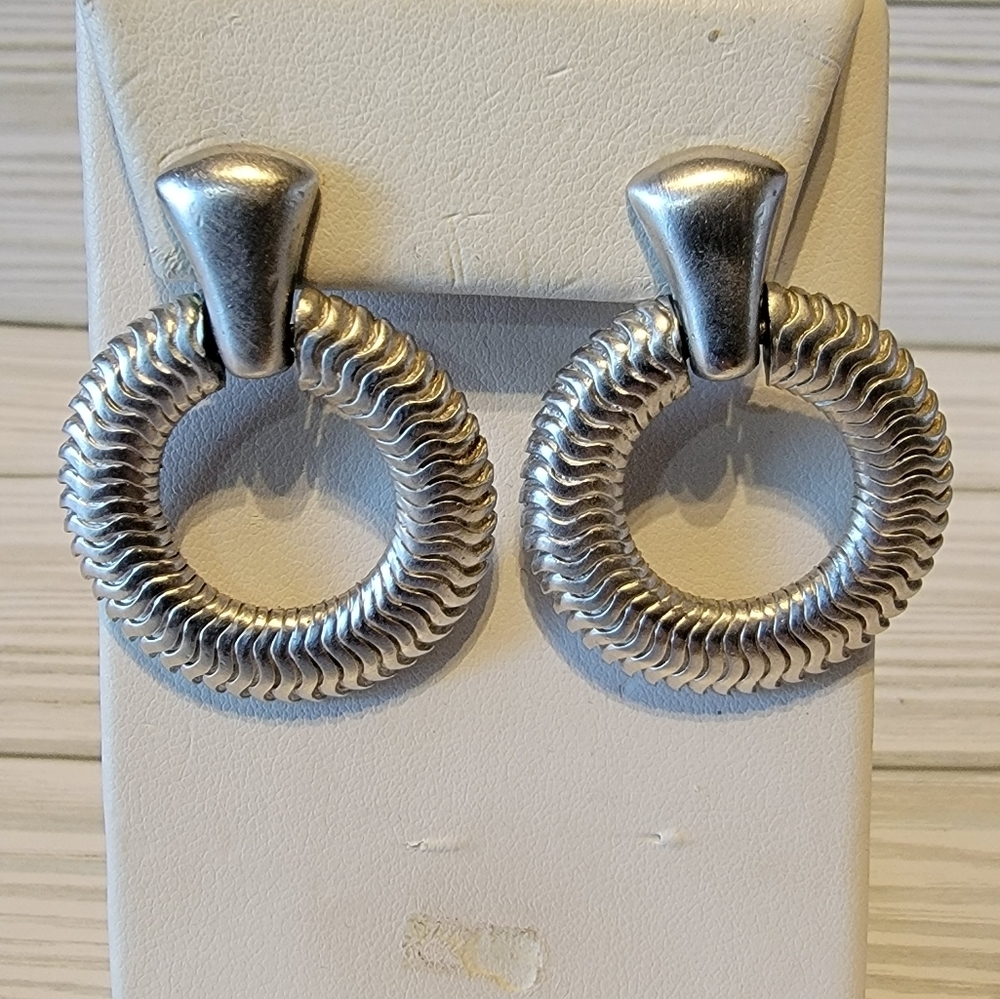 Vintage Crown Trifari Silver Tone Textured Door Knocker Pierced Earrings